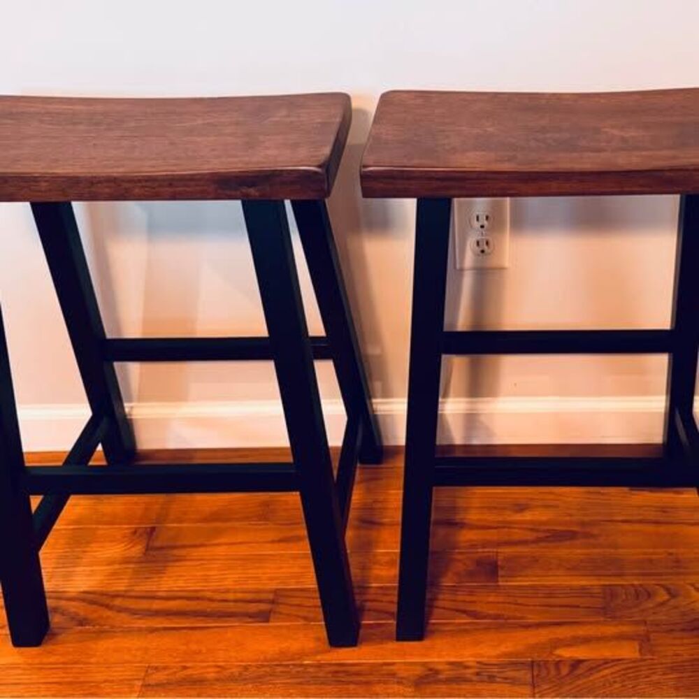 Pair of Wood Saddle Seat Bar Stools
